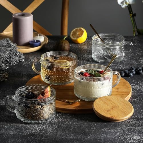 KITOME 400ml Vintage Glass Mug Set (2) with Bamboo Lid & Spoon – Overnight Oats Jar, Iced Coffee Cup, Latte, Yogurt Container | Embossed Clear Glass - Image 5