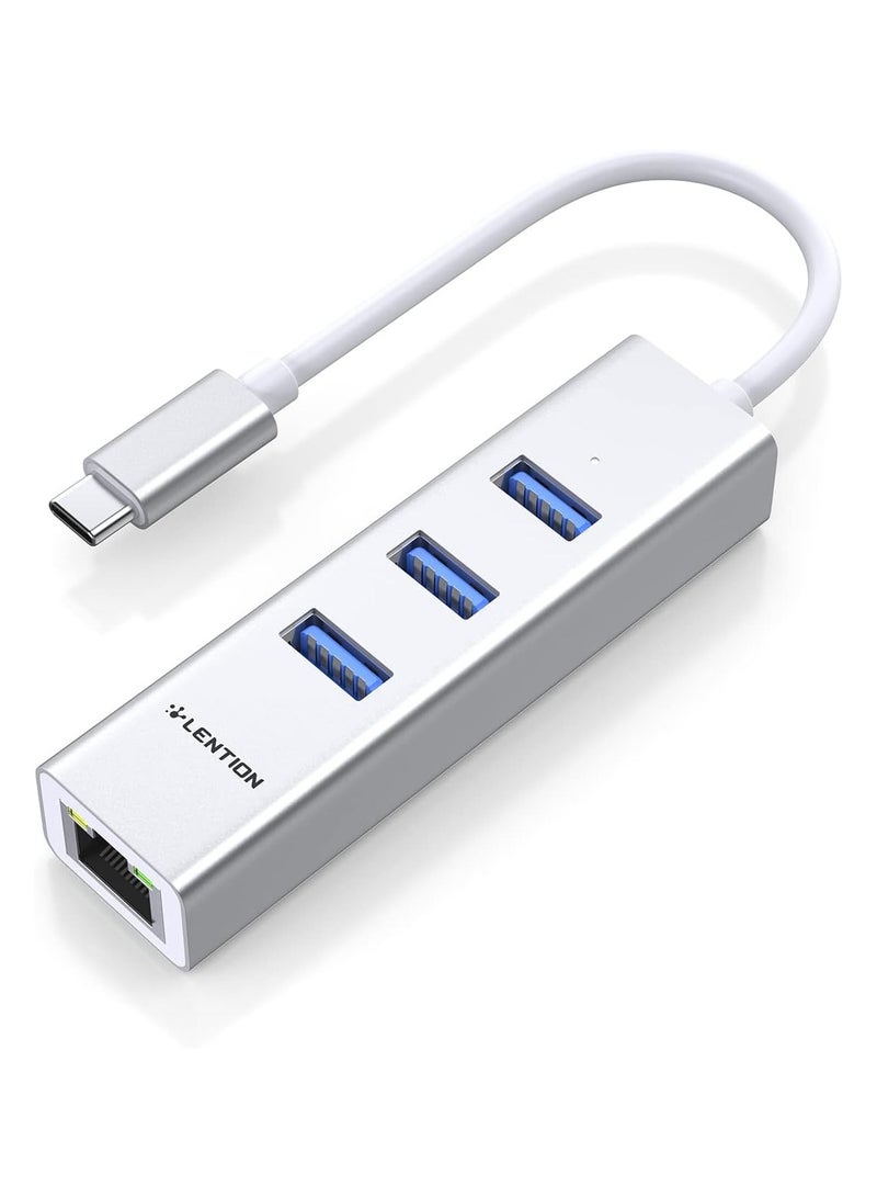 Lention LENTION USB-C to 3-Port USB 3.0 Hub with Gigabit Ethernet LAN Adapter Compatible 2020-2016 MacBook Pro 13/15/16, New Mac Air/Surface/iPad Pro, Chromebook, More - Ultra Slim (CB-C23s, Silver)  - Image 1