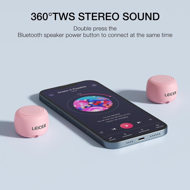 LEICEX Mini Portable Bluetooth Speaker, Small Wireless Speaker with Pocket Design, Water Resistant, Mini Speaker Shower, Travel, Bedroom, Bicycle (Pink) - Image 2