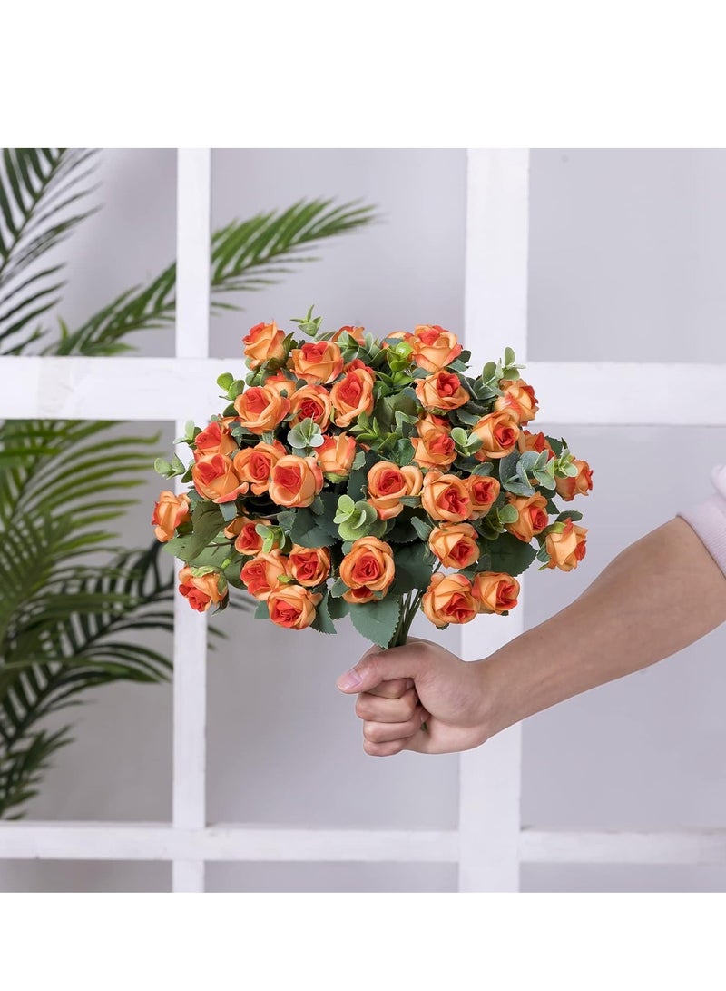 SYOSI Artificial Mini Rose and Eucalyptus Flower Bouquets Fake Summer Flowers Outdoor with Eucalyptus Leaves Stems Greenery Decor for Wedding Home Office 4pcs Orange Rose - Image 5
