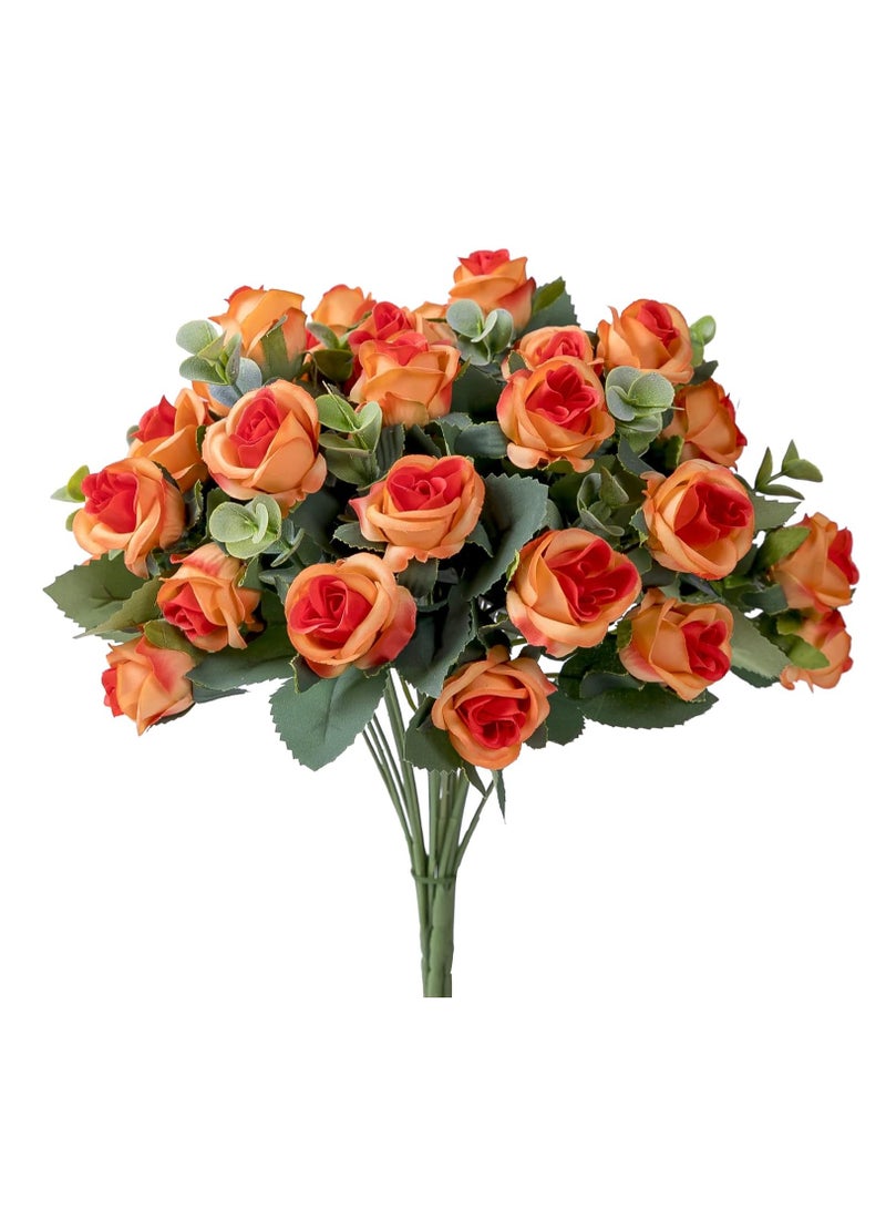 SYOSI Artificial Mini Rose and Eucalyptus Flower Bouquets Fake Summer Flowers Outdoor with Eucalyptus Leaves Stems Greenery Decor for Wedding Home Office 4pcs Orange Rose - Image 1