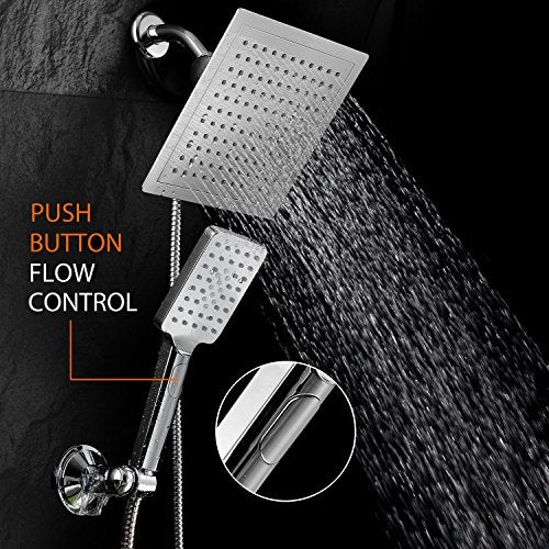 Dream Spa Hotel Spa Ultra-Luxury 9" Square Rainfall Shower Head / Handheld Combo. Convenient Push-Button Flow Control for easy one-hand operation. Switch flow settings with same hand! Premium Chrome. - Image 2