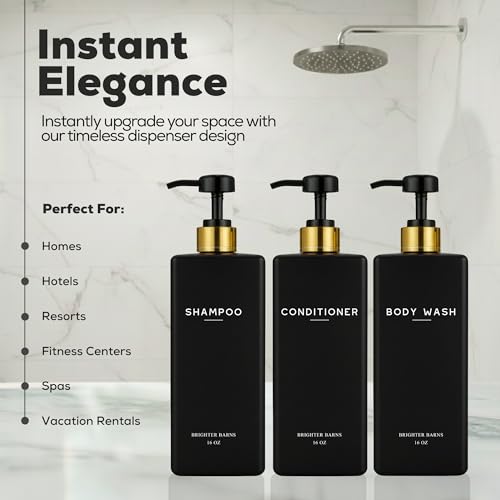 Brighter Barns Black Shampoo and Conditioner Dispenser Set by Brighter Barns - Body Wash and Shower Soap Dispenser - Refillable Shampoo and Conditioner Bottles for Gold Bathroom Decor, Guest Bathroom, Airbnb (Black) - Image 2