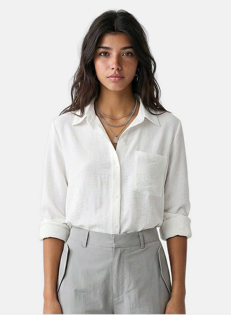 RAVIN Women Classic Textured Button-Down Shirt in Crisp White - Image 1