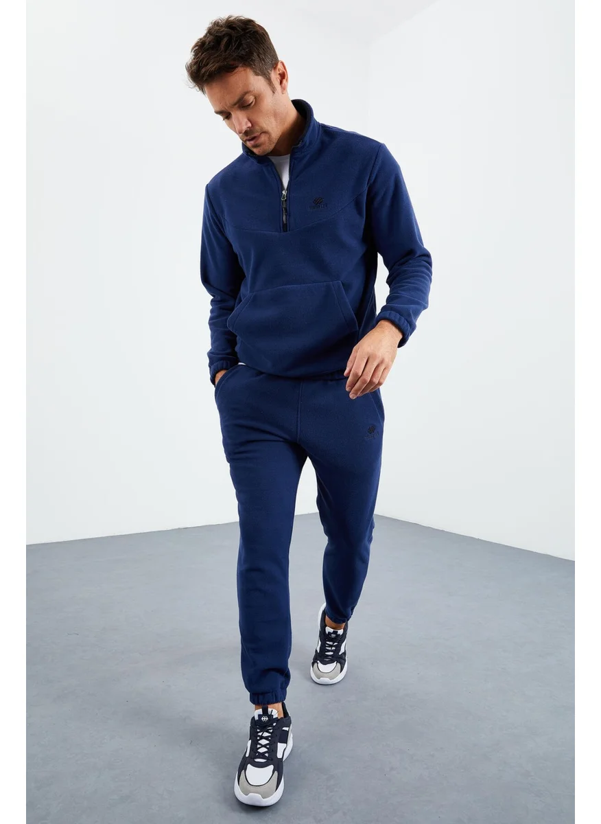 Tommy Life Indigo Men's Half Zipper Stand Collar Elastic Leg Fleece Tracksuit - 85159