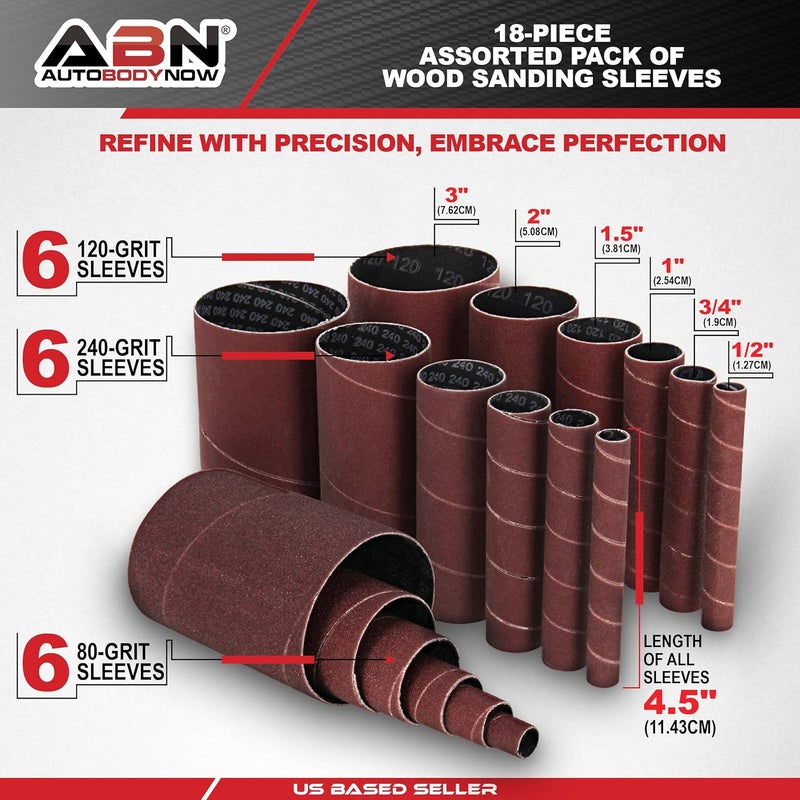 ABN Aluminum Oxide Spindle Sanding Sleeves 18-Pack – 4.5in Length, Assorted 80 120 240 Grit, 1/2in to 3in Sandpaper - Image 2