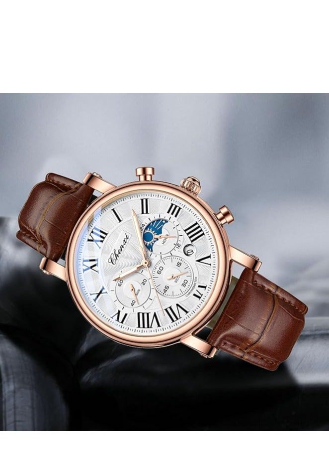 Chenxi Watches for Men, Men's Classic Multifunctional Sports Analog Watch, Waterproof Luminous Sports & Business Watch with Moon Phase, Analog Display, and Multi-Functional Design (Brown Rose) - Image 4