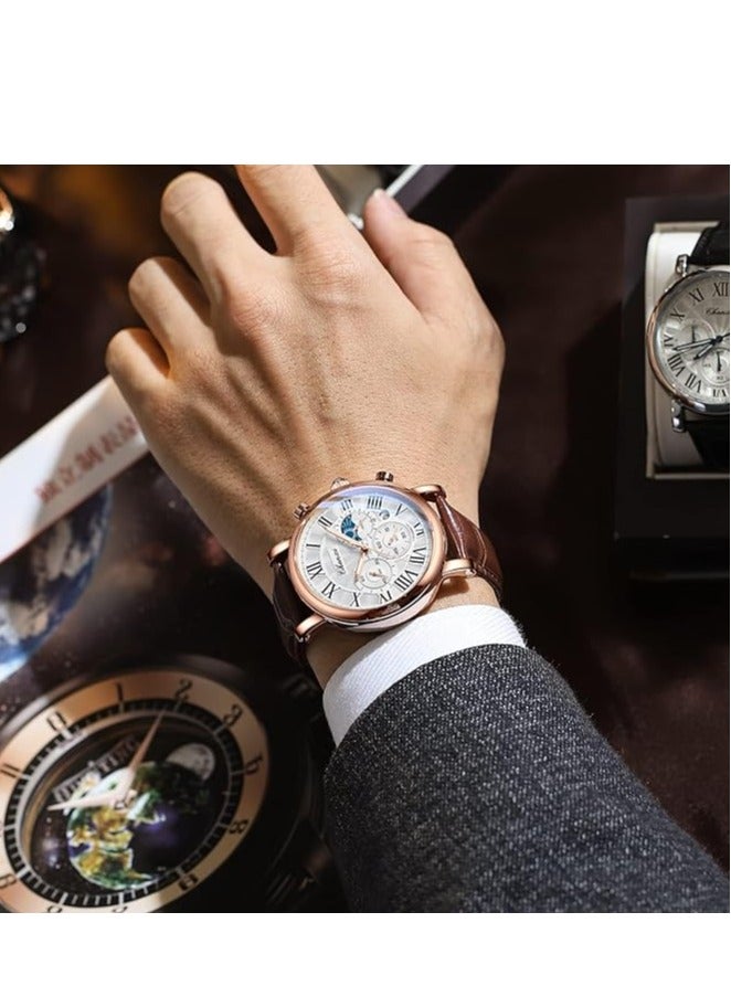 Chenxi Watches for Men, Men's Classic Multifunctional Sports Analog Watch, Waterproof Luminous Sports & Business Watch with Moon Phase, Analog Display, and Multi-Functional Design (Brown Rose) - Image 2