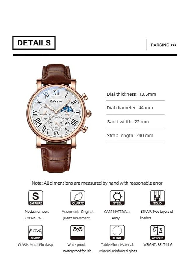 Chenxi Watches for Men, Men's Classic Multifunctional Sports Analog Watch, Waterproof Luminous Sports & Business Watch with Moon Phase, Analog Display, and Multi-Functional Design (Brown Rose) - Image 5
