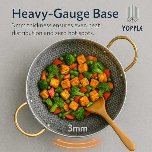 Yopple Non-Stick Stainless Steel Wok Pot, 10-Inch Honeycomb Cooking Pan with Lid & Double Handles, Round Bottom Stewpot for BBQ, Frying, Ramen, Stews & Outdoor Cooking (2L) - Image 3