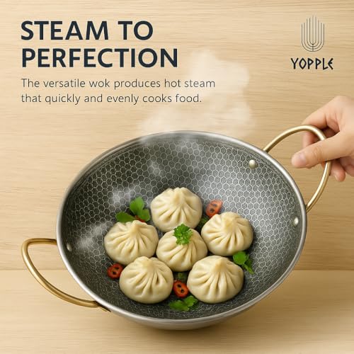 Yopple Non-Stick Stainless Steel Wok Pot, 10-Inch Honeycomb Cooking Pan with Lid & Double Handles, Round Bottom Stewpot for BBQ, Frying, Ramen, Stews & Outdoor Cooking (2L) - Image 4