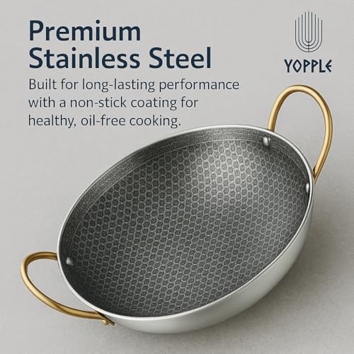 Yopple Non-Stick Stainless Steel Wok Pot, 10-Inch Honeycomb Cooking Pan with Lid & Double Handles, Round Bottom Stewpot for BBQ, Frying, Ramen, Stews & Outdoor Cooking (2L) - Image 2