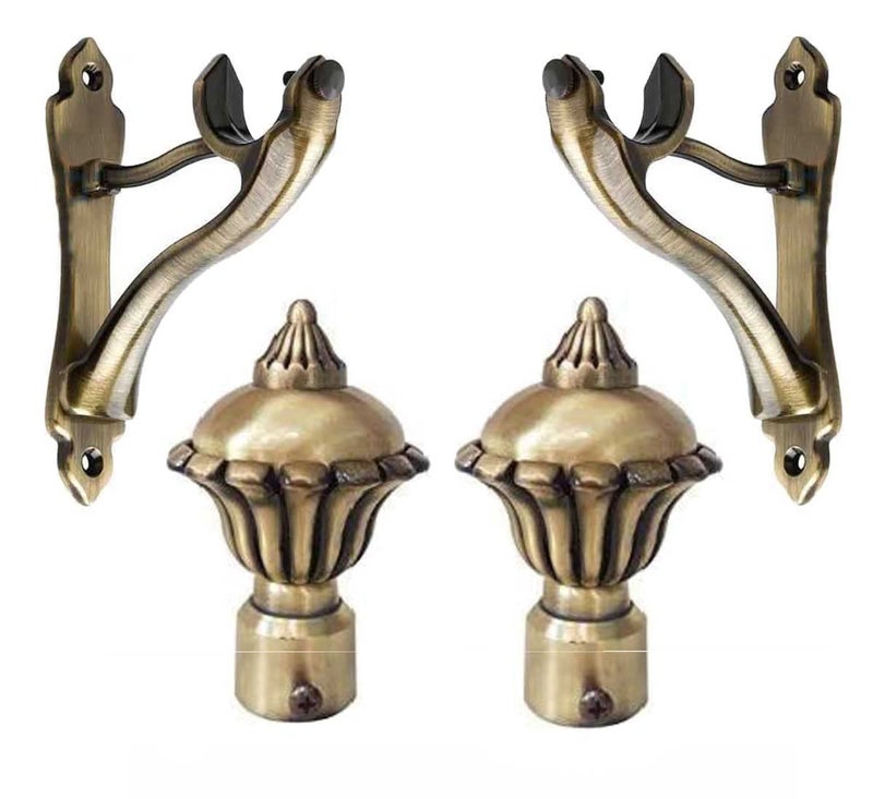 FERIO Heavy Curtain Bracket Set and Curtain Finial and Holder Antique Brass for Door and Window Rod Support Fittings 1 Inch Rod (Curtain Support 2 Pcs and Curtain Finial 2 Pcs) - Image 1