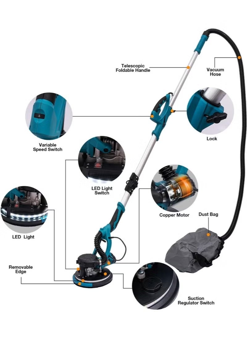 WINSEE Drywall Sander with Vacuum Dust Collector,1980W Sander Tool with 5 Variable Speed 800-1800RPM, Sander Tool Drywall Sander with Extendable Handle, LED Light,50pcs Sanding Discs,Blue - Image 2
