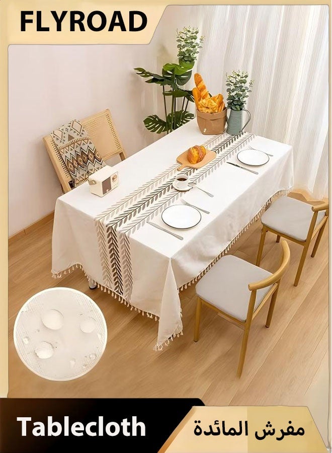 FLYROAD 90*140CM Waterproof Tablecloth, Embroidered Burlap Linen Tassel Tablecloth, Heavy Duty Wrinkle Resistant Rectangular Tablecloth,for Home or Outdoor - Image 1
