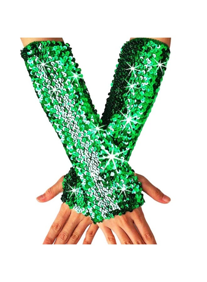 Green Sequin Fingerless Long Arm Sleeves for Women and Girls, 30cm Elastic Party Rave Accessories - Image 1