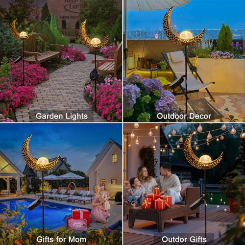 HOMEIMPRO 2Pack Moon Garden Solar Lights Outdoor Stakes Waterproof, Gifts for Mom, Crackle Glass Halloween Backyard Decor Balcony Lawn Ornaments, for Women Men Grandma (Bronze) - Image 3