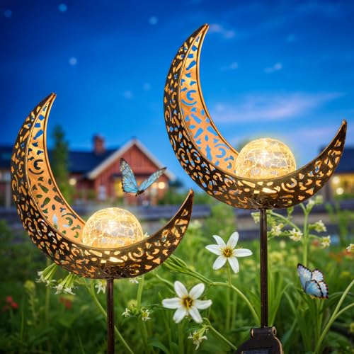 HOMEIMPRO 2Pack Moon Garden Solar Lights Outdoor Stakes Waterproof, Gifts for Mom, Crackle Glass Halloween Backyard Decor Balcony Lawn Ornaments, for Women Men Grandma (Bronze) - Image 1