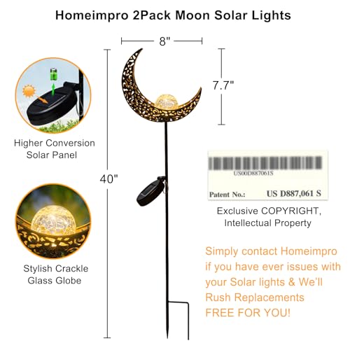 HOMEIMPRO 2Pack Moon Garden Solar Lights Outdoor Stakes Waterproof, Gifts for Mom, Crackle Glass Halloween Backyard Decor Balcony Lawn Ornaments, for Women Men Grandma (Bronze) - Image 4