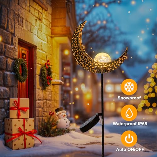 HOMEIMPRO 2Pack Moon Garden Solar Lights Outdoor Stakes Waterproof, Gifts for Mom, Crackle Glass Halloween Backyard Decor Balcony Lawn Ornaments, for Women Men Grandma (Bronze) - Image 5