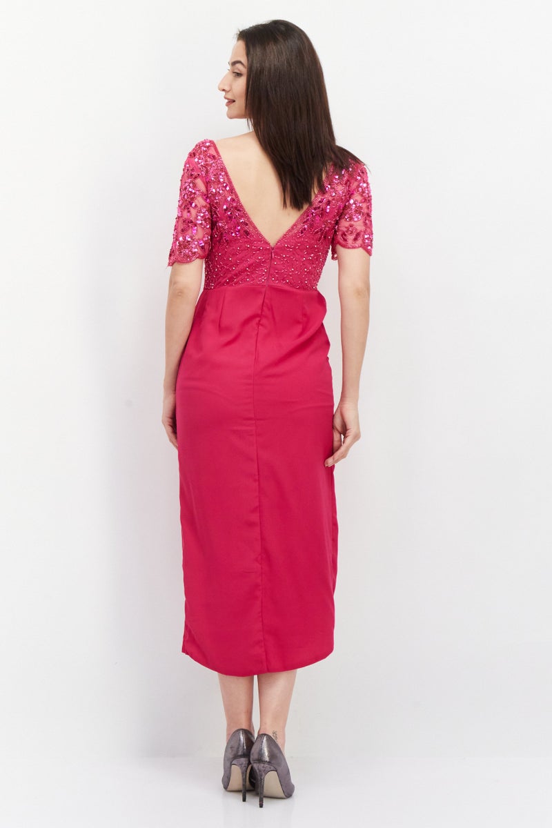 Virgos Lounge Women Embellished Midi Dress, Fuchsia - Image 2