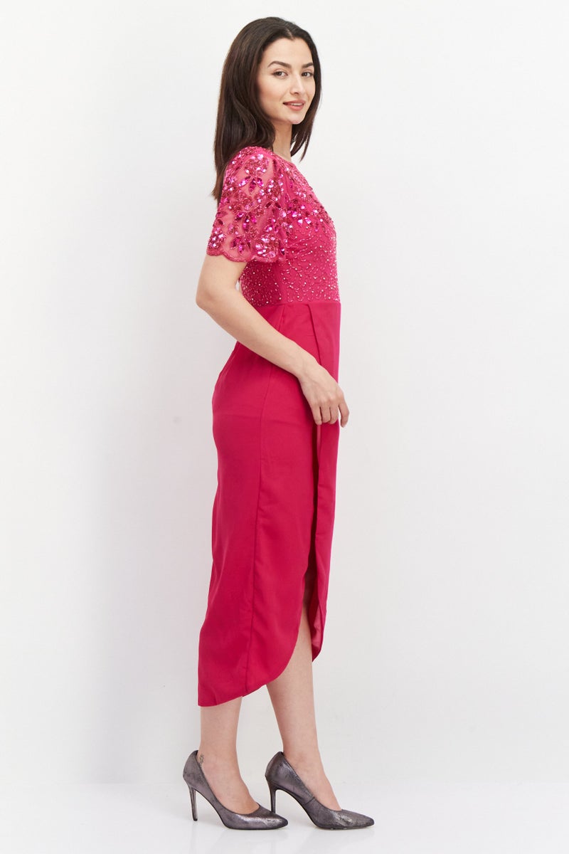 Virgos Lounge Women Embellished Midi Dress, Fuchsia - Image 4