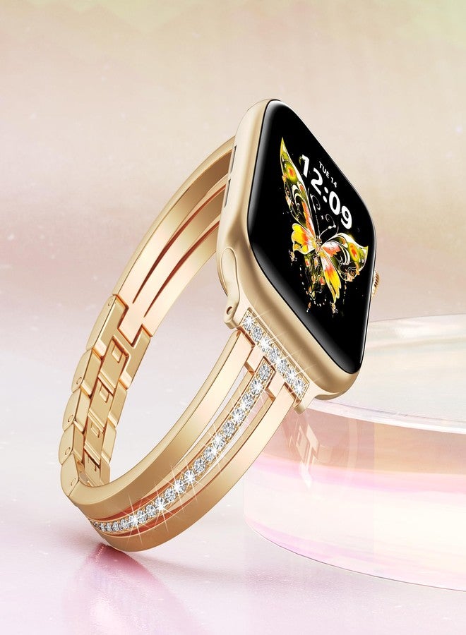AIRSPO Slim Gold Band Compatible with Apple Watch 38mm 40mm 41mm Women Thin Metal Strap Dressy Jewelry Bracelet with Bling Diamond for iWatch Bands Series 10 9 8 7 6 5 4 3 SE, (Gold, 38mm 40mm 41mm) - Image 2