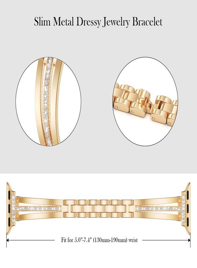 AIRSPO Slim Gold Band Compatible with Apple Watch 38mm 40mm 41mm Women Thin Metal Strap Dressy Jewelry Bracelet with Bling Diamond for iWatch Bands Series 10 9 8 7 6 5 4 3 SE, (Gold, 38mm 40mm 41mm) - Image 3