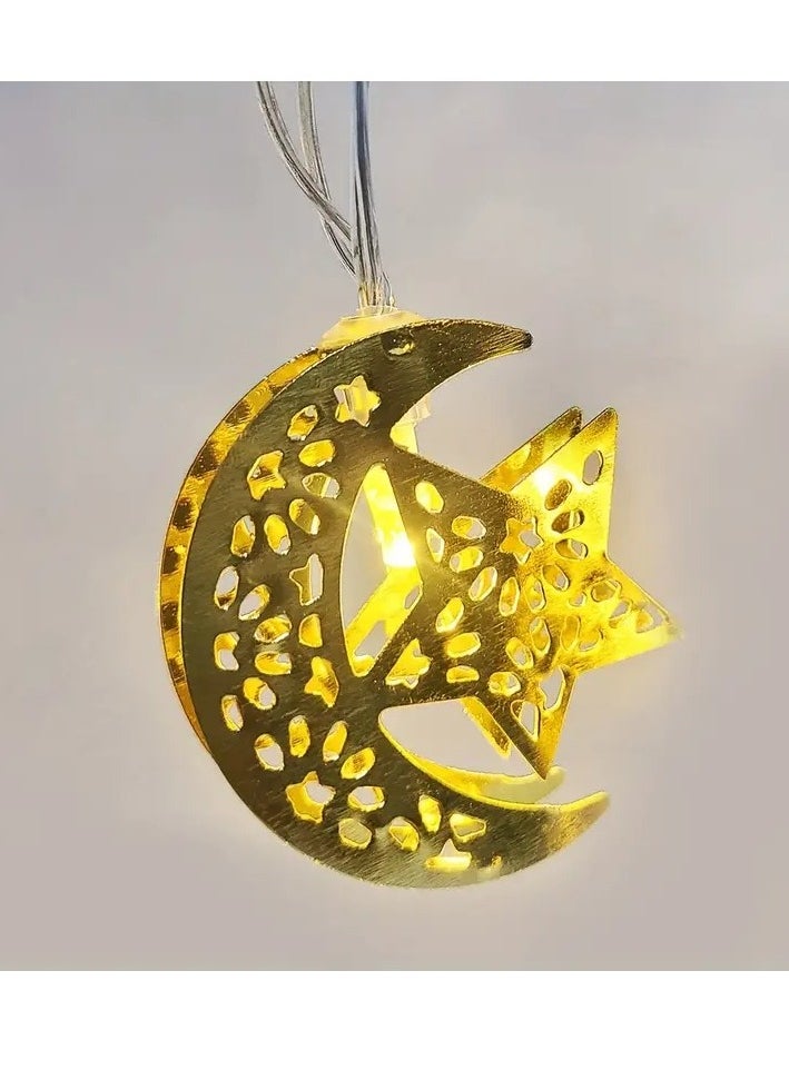 Home Care 10 LED Vintage Style Ramadan String Lights, 2m Metal & Plastic Crescent Moon & Star Design, Muslim Islamic Hanging Decor for Eid Al-Fitr, Eid, and Ramadan Festivities, Battery Operated (AA, Non-rechargeable) - No Batteries Included  - Image 1