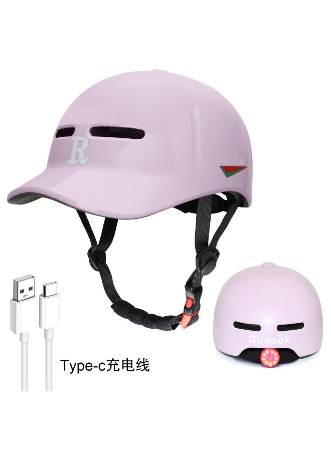 Light Rose Pink Duck Tongue One-piece Bicycle Cycling Belt Four-season Warning Lamp Helmet Bicycle Skateboard Roller Skating Cycling Protective Cap