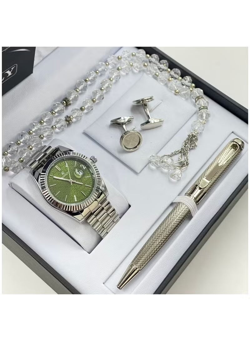 ريفولي طقم رجالي من الستانلس ستيل يتكون من ساعة وسبحة وقلم وازرار اكمام