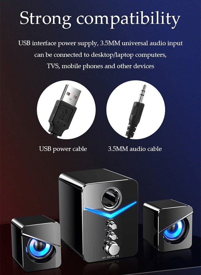Computer speaker, home desktop speaker three piece set, USB power supply, with audio interface, with colorful lights, suitable for laptops, tablets, phones