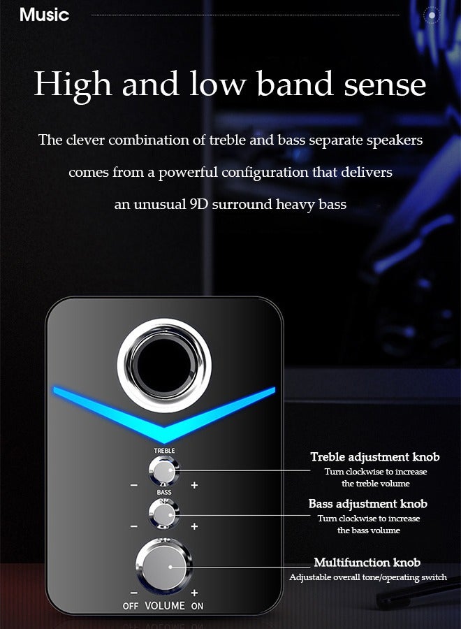 Computer speaker, home desktop speaker three piece set, USB power supply, with audio interface, with colorful lights, suitable for laptops, tablets, phones