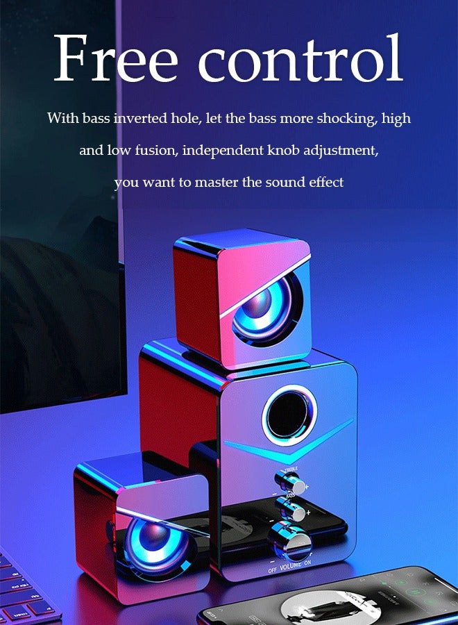 Computer speaker, home desktop speaker three piece set, USB power supply, with audio interface, with colorful lights, suitable for laptops, tablets, phones