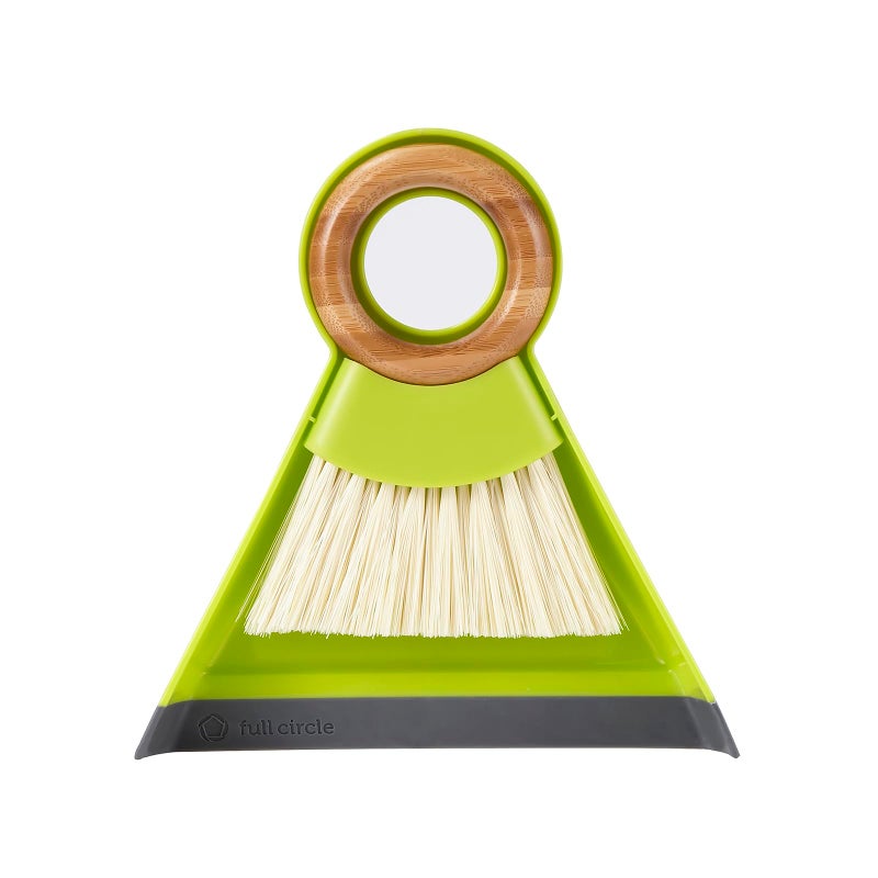 Full Circle Tiny Team Mini Brush Dustpan Set Compact Countertop Cleaning Kitchen Desk Crumbs Green
