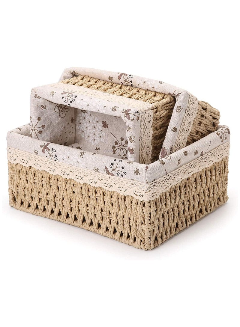 Generic Set of 3 Woven Storage Baskets with Decorative Fabric Lining – Multi-Purpose Organizer Boxes for Kitchen, Bathroom, or Bedroom – Elegant Handwoven Design for Home Essentials - Image 1