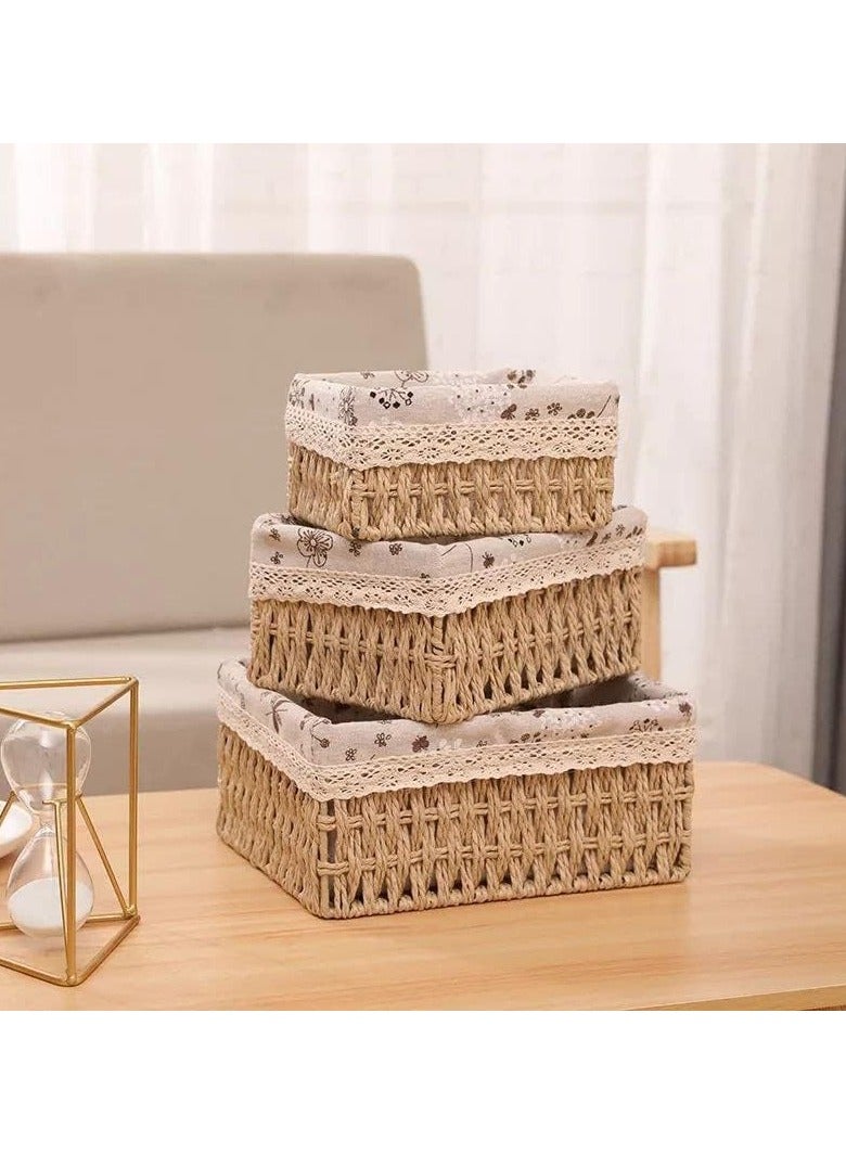 Generic Set of 3 Woven Storage Baskets with Decorative Fabric Lining – Multi-Purpose Organizer Boxes for Kitchen, Bathroom, or Bedroom – Elegant Handwoven Design for Home Essentials - Image 2