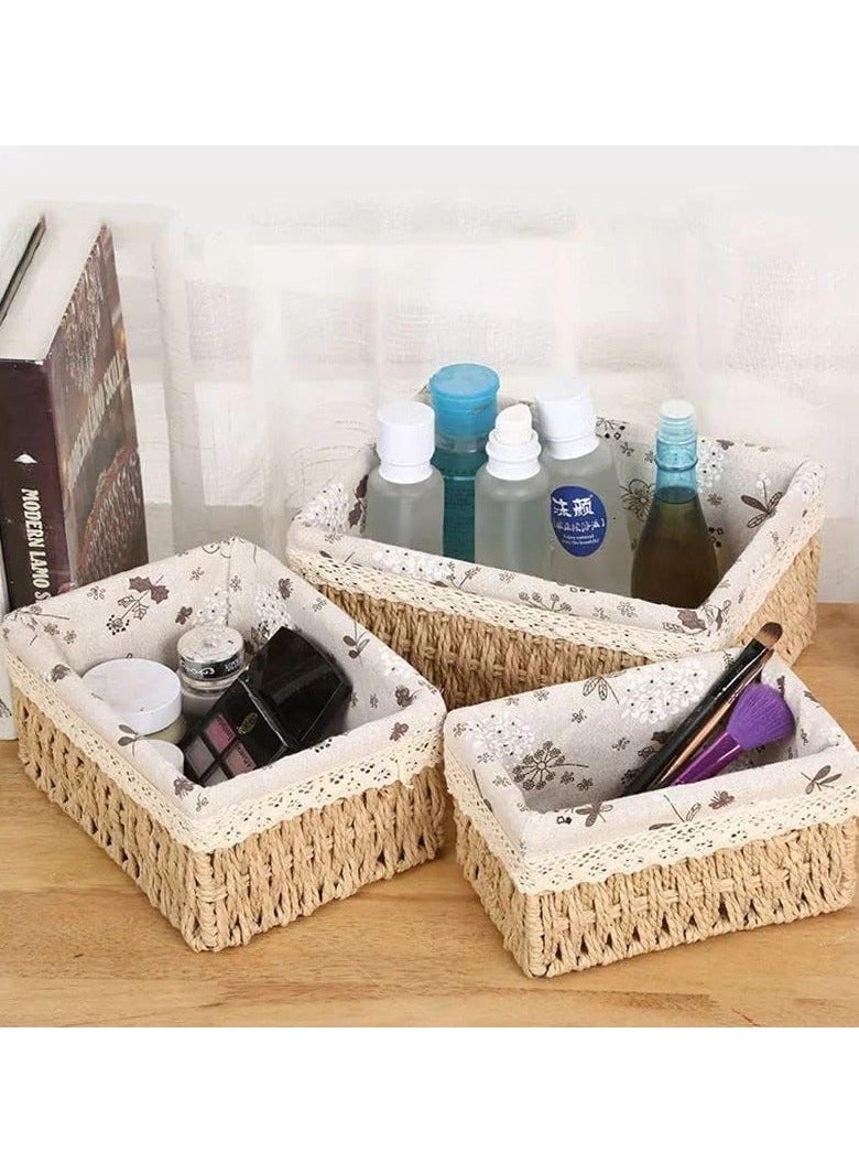 Generic Set of 3 Woven Storage Baskets with Decorative Fabric Lining – Multi-Purpose Organizer Boxes for Kitchen, Bathroom, or Bedroom – Elegant Handwoven Design for Home Essentials - Image 3