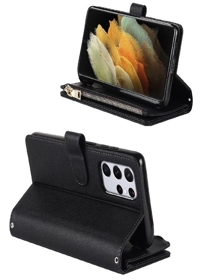 Jaorty for Samsung Galaxy S21 Ultra 5G Wallet Case with S-Pen Slot Holder,[9 Card Slots] Removable Adjustable Crossbody Necklace Lanyard Shoulder Strap Zipper Magnetic Leather Case,6.8 inch Black - Image 3