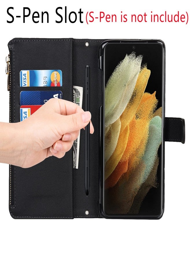 Jaorty for Samsung Galaxy S21 Ultra 5G Wallet Case with S-Pen Slot Holder,[9 Card Slots] Removable Adjustable Crossbody Necklace Lanyard Shoulder Strap Zipper Magnetic Leather Case,6.8 inch Black - Image 5