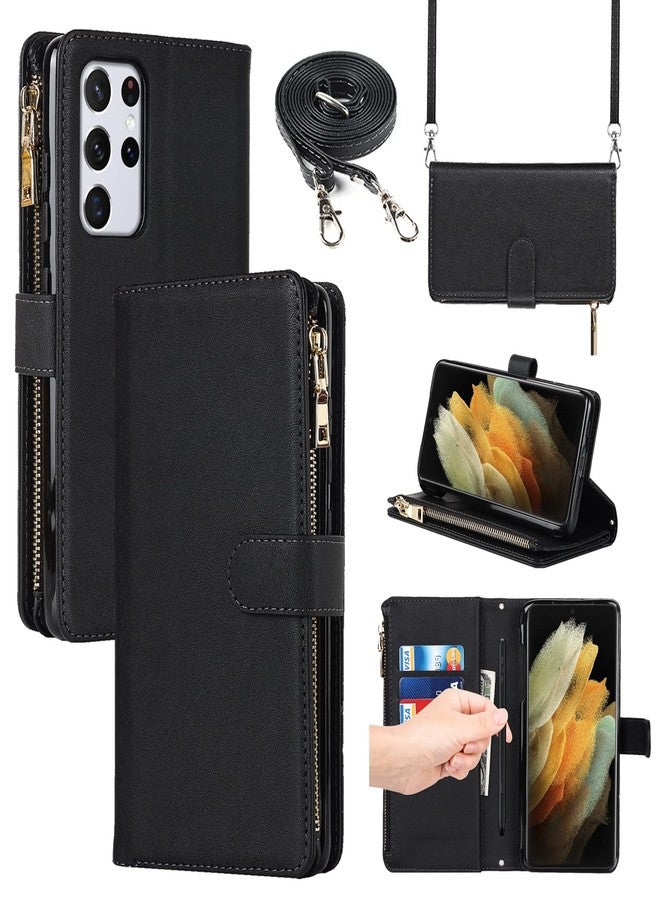 Jaorty for Samsung Galaxy S21 Ultra 5G Wallet Case with S-Pen Slot Holder,[9 Card Slots] Removable Adjustable Crossbody Necklace Lanyard Shoulder Strap Zipper Magnetic Leather Case,6.8 inch Black - Image 1