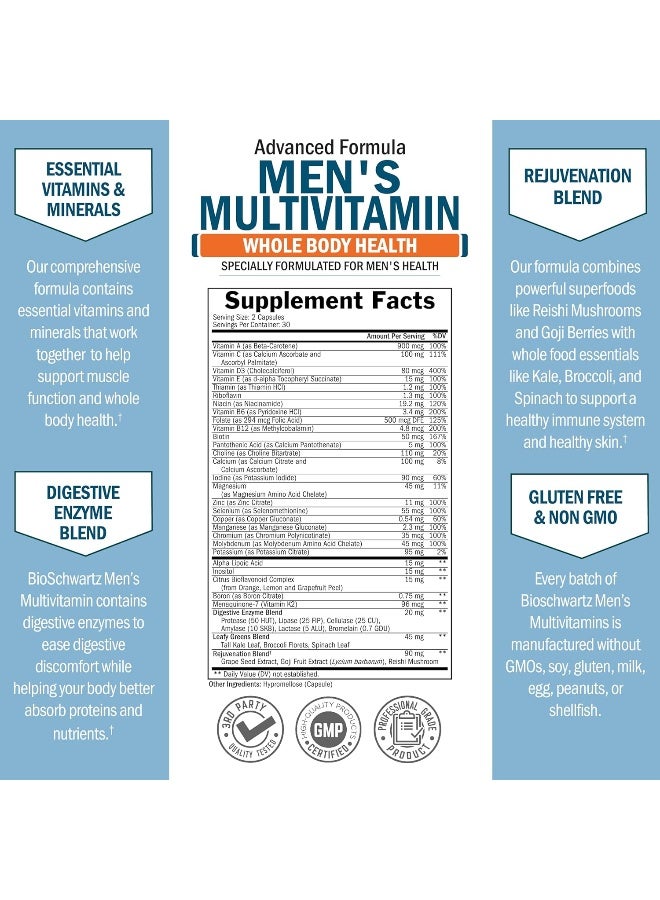 BioSchwartz Men's Multivitamin with Vitamin C A B D3 E Zinc for Immune Support - Once Daily Supplement for Energy & Heart - Antioxidants & Digestive Enzymes for Absorption - Mental Clarity & Focus Support - 60 Ct - Image 3