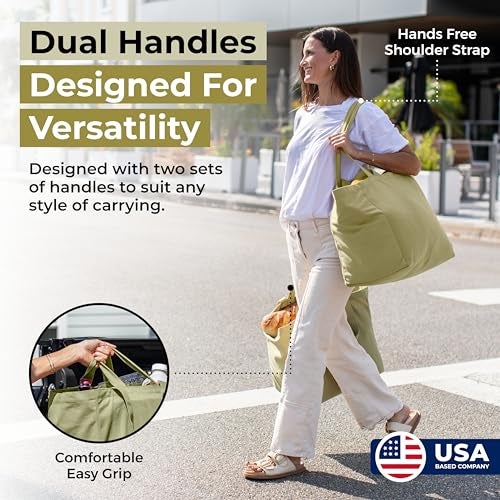 VeraMia Canvas Grocery Bag 3pc Jumbo Set with Real Pockets, Long Shoulder Strap and Short Handle. Reusable Shopping Bags for Groceries Heavy Duty, Foldable, Washable, Grocery Tote Bag (Avocado Green) - Image 2