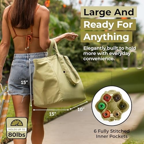 VeraMia Canvas Grocery Bag 3pc Jumbo Set with Real Pockets, Long Shoulder Strap and Short Handle. Reusable Shopping Bags for Groceries Heavy Duty, Foldable, Washable, Grocery Tote Bag (Avocado Green) - Image 4