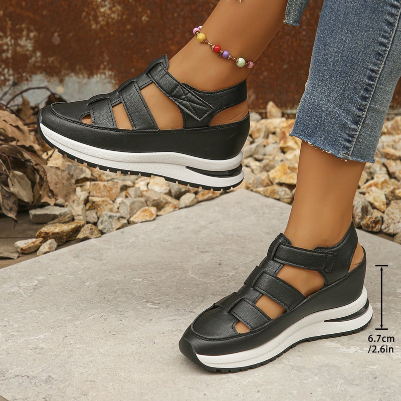 Summer New Wedge Sandals Baotou Hollow Breathable Womens Foreign Trade plus size Platform Womens Shoes with Velcro Black 