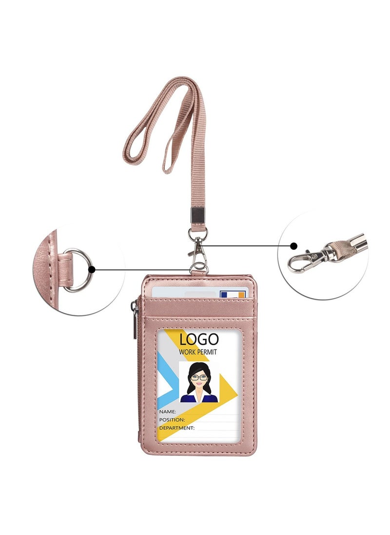 Generic Badge Holder with Zipper PU Leather ID Badge Card Holder Wallet with 5 Card Slots 1 Side RFID Blocking Pocket and Neck Lanyard Strap for Offices ID School ID Driver Licence  - Image 2