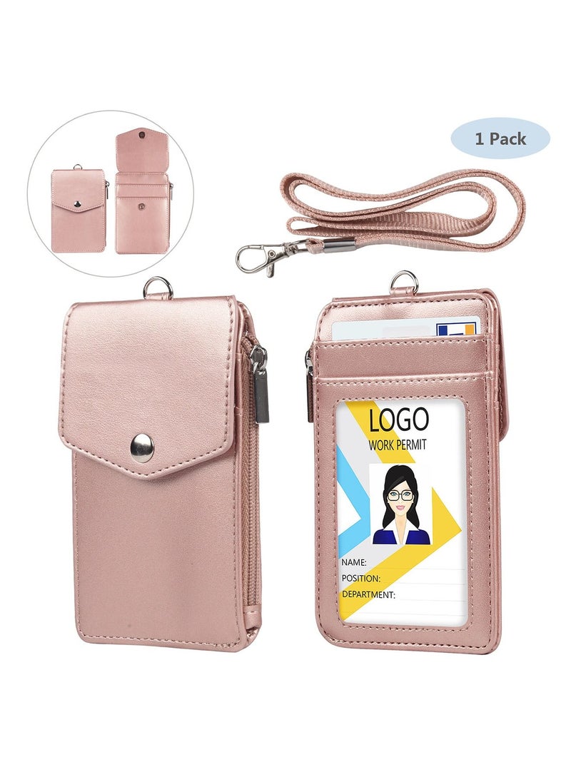 Generic Badge Holder with Zipper PU Leather ID Badge Card Holder Wallet with 5 Card Slots 1 Side RFID Blocking Pocket and Neck Lanyard Strap for Offices ID School ID Driver Licence  - Image 1