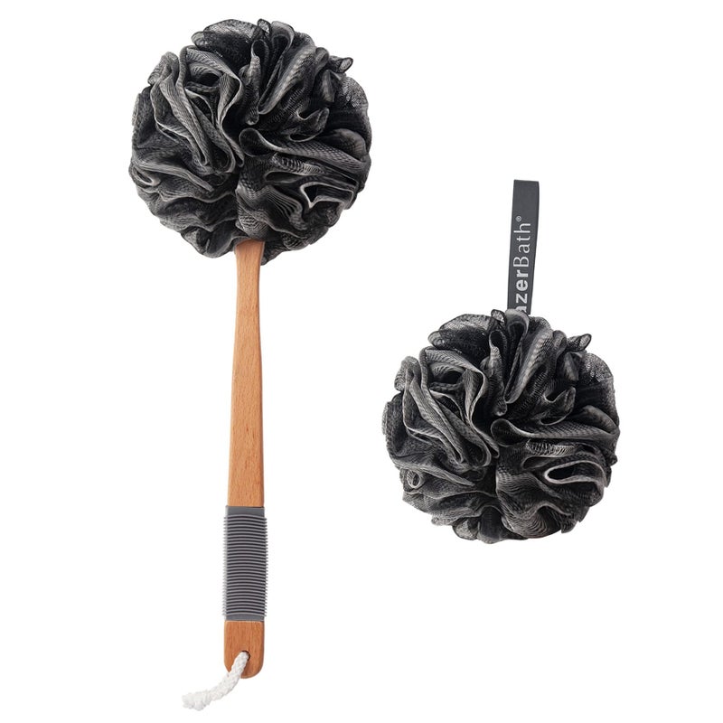 AmazerBath Shower Sponge Loofah Back Scrubber PE Soft Mesh Loofah Body Scrubber with Long Wooden Handle Bath Sponge for Men Women Black