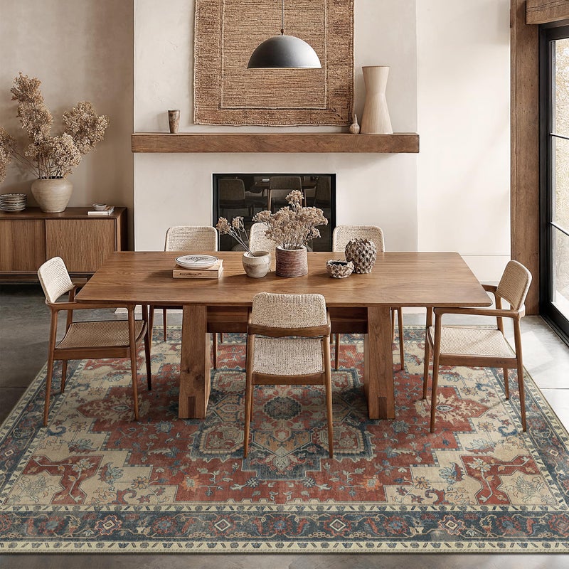 GENIMO 5x7 Area Rugs for Living Room, Machine Washable Non Slip Vintage Rugs, Low Pile Lightweight Chenille Print Rug for Bedroom, Dining Room, Home Office,Bordeaux - Image 2
