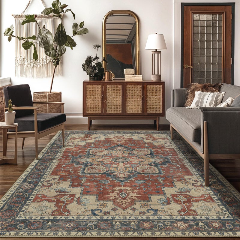 GENIMO 5x7 Area Rugs for Living Room, Machine Washable Non Slip Vintage Rugs, Low Pile Lightweight Chenille Print Rug for Bedroom, Dining Room, Home Office,Bordeaux - Image 1